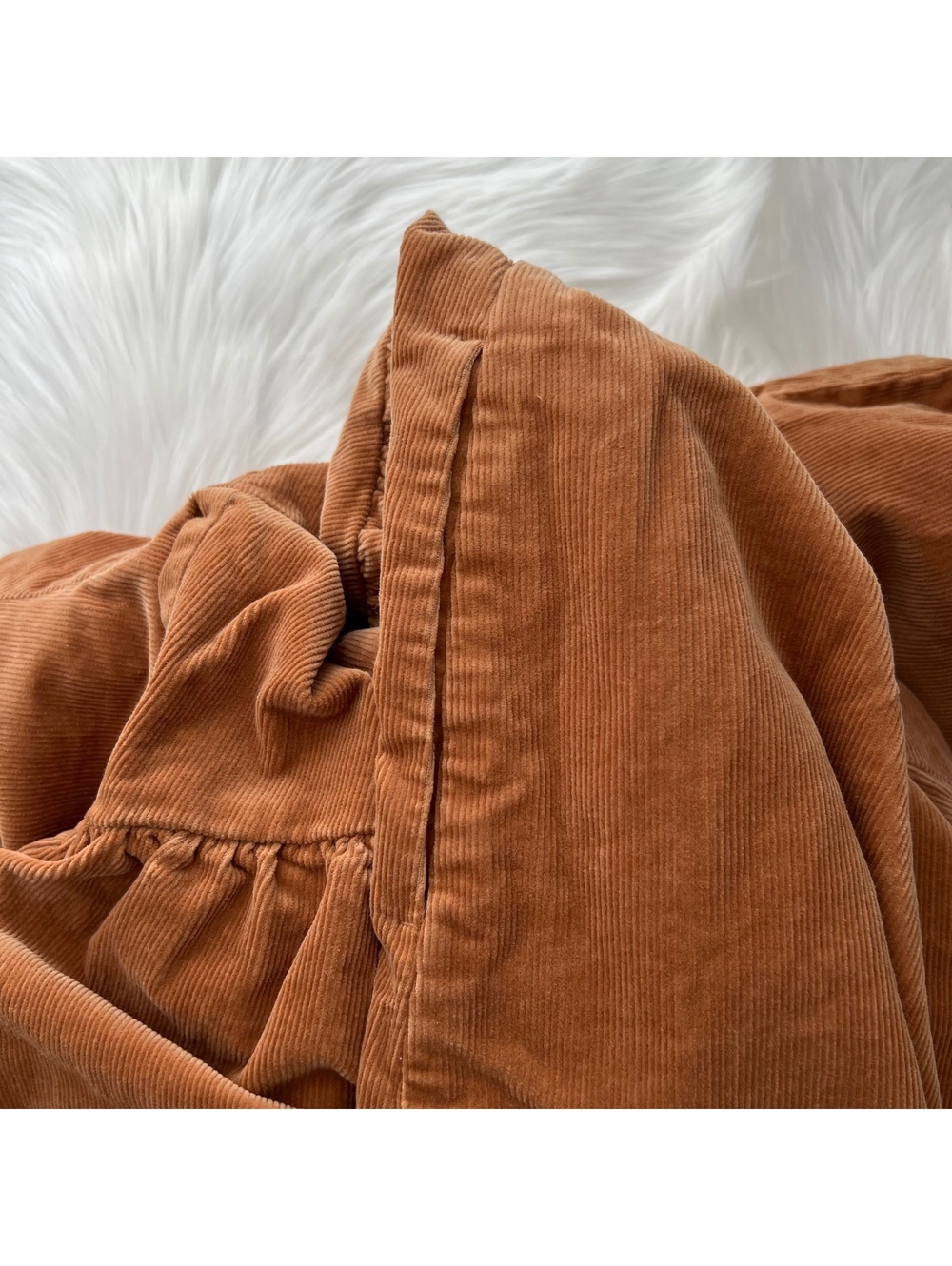 Everlane Camel Corduroy Mini Dress Puff Sleeve Scoop Back Pockets Women’s L - Picture 7 of 8